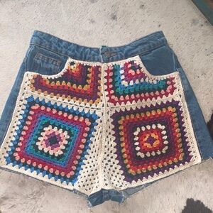 FARM Rio Denim Shorts with Multicolor Crochet Panels